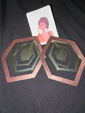 Geometric Layered Pentagon Drop Earrings - Rose Gold and Black